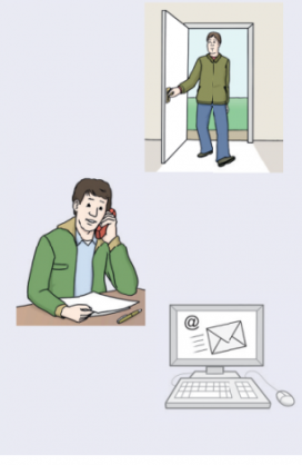Mann geht durch Tür, Mann telefoniert, Rechner mit E-Mail